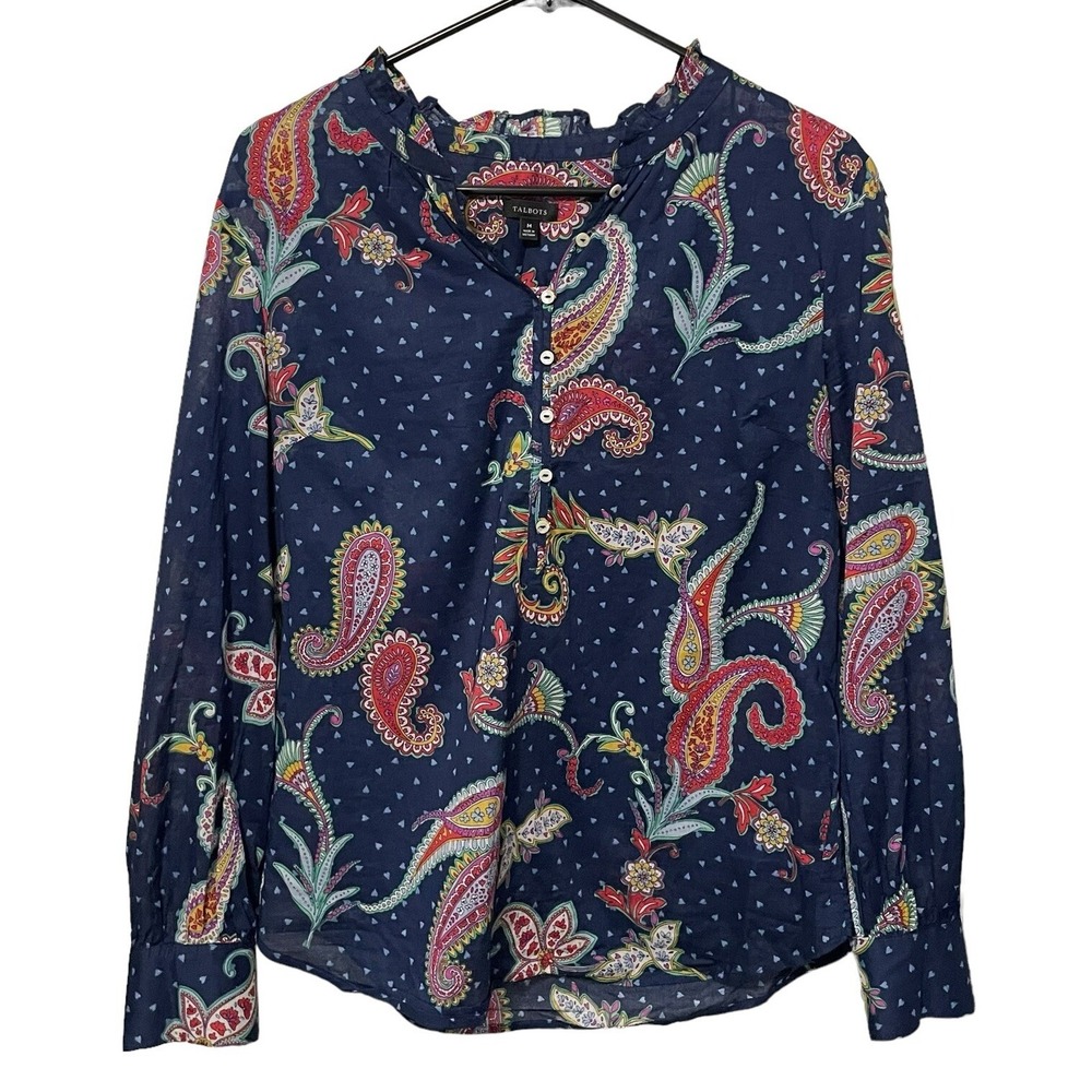 Talbots Women's M Blue Paisley Cotton Button Down Blouse Ruffle Band Collar